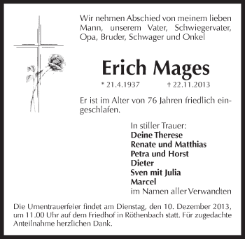 Traueranzeige von Erich Mages von Pegnitz-Zeitung